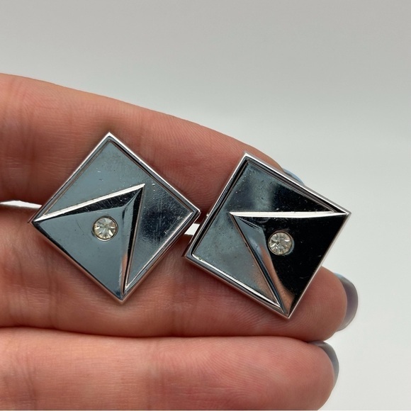 Vintage Swank Diamond Square Shaped Silver Tone Cuff Links with Rhinestones - Picture 1 of 5